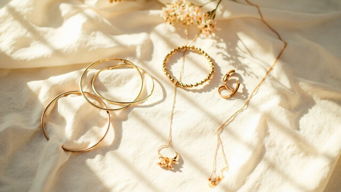 sunlit flat lay of stylish accessories on linen in a minimalist, modern setting
