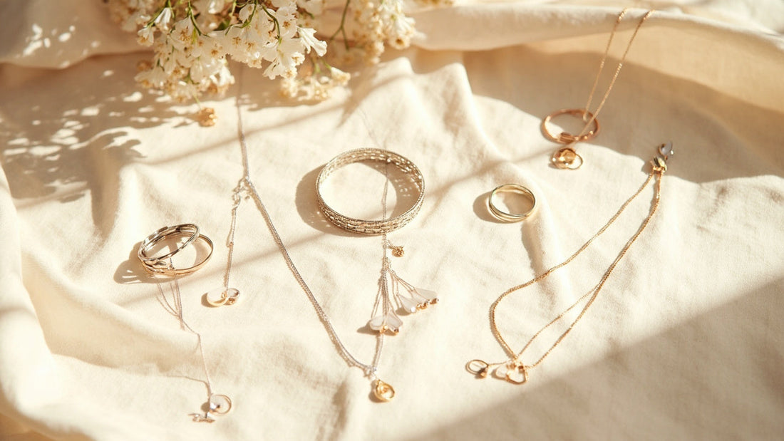minimalist jewelry arranged on linen in warm natural light with soft shadows