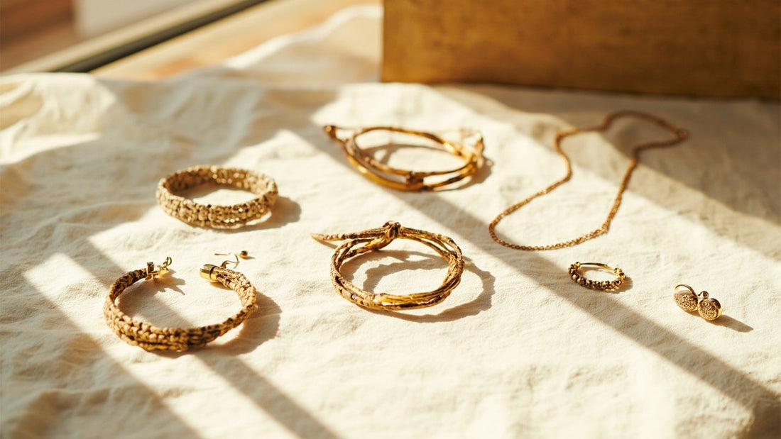 stylish jewelry pieces on linen in warm sunlight with earthy and gold tones