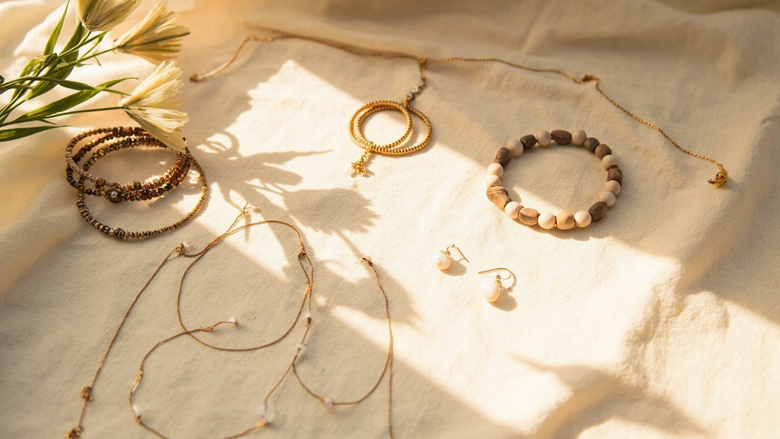 assorted minimalist accessories on linen in bright, natural light with soft shadows