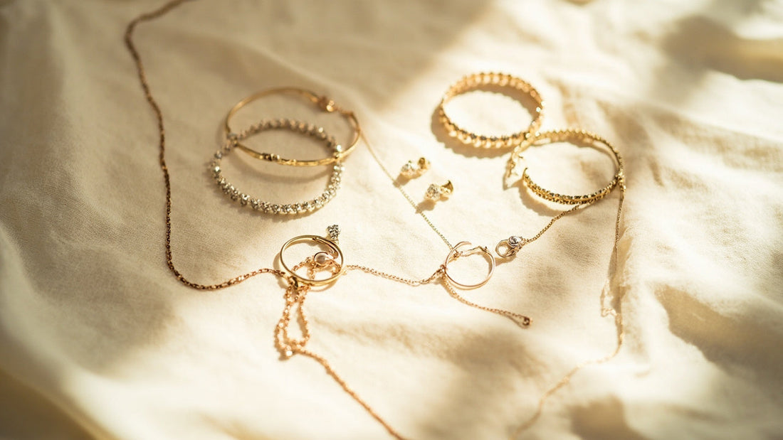 minimalist jewelry arranged on linen with warm sunlight and soft neutral tones