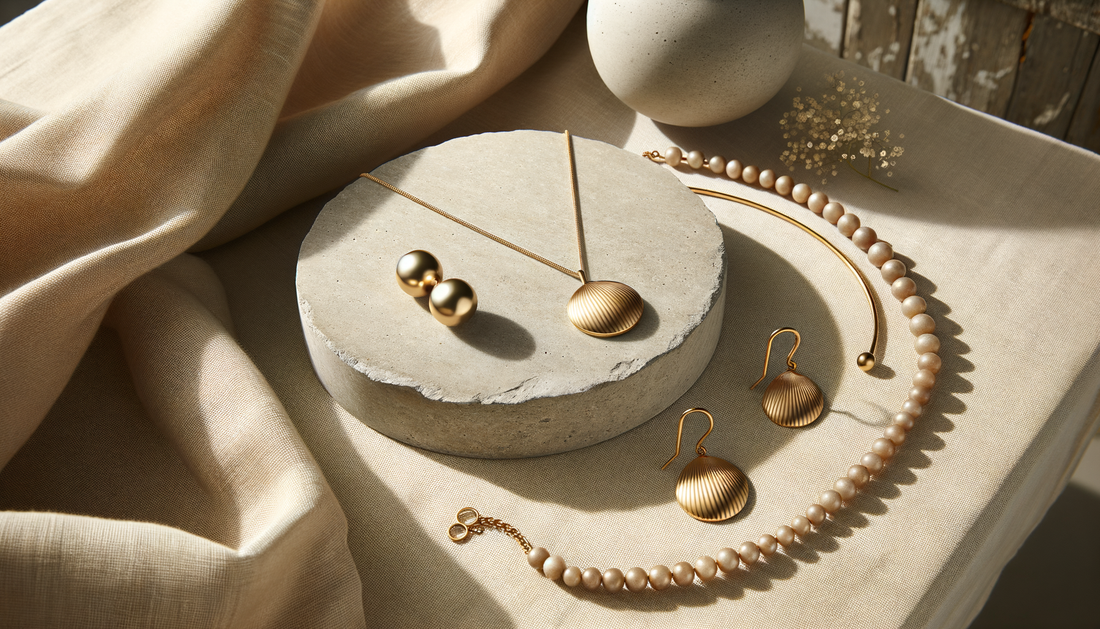 minimalist jewelry set on pale stone with soft linen and natural light