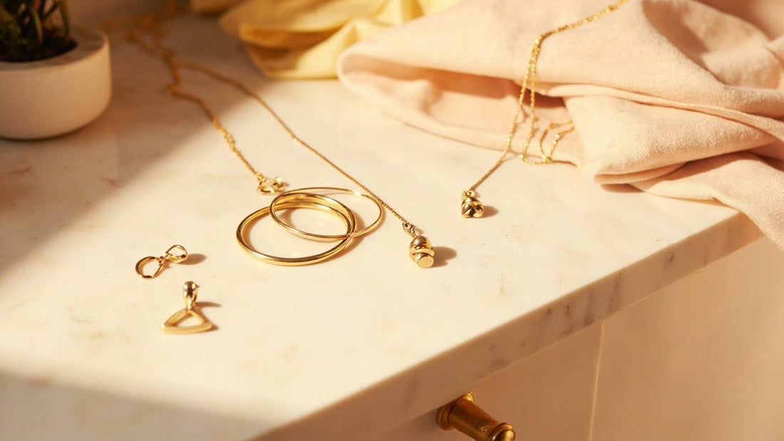 minimalist gold jewelry arranged on marble vanity in soft warm morning light