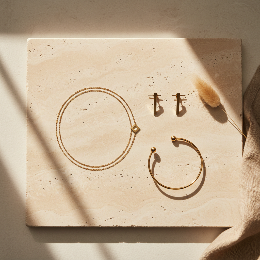 minimalist gold jewelry set on ivory stone slab in soft window light
