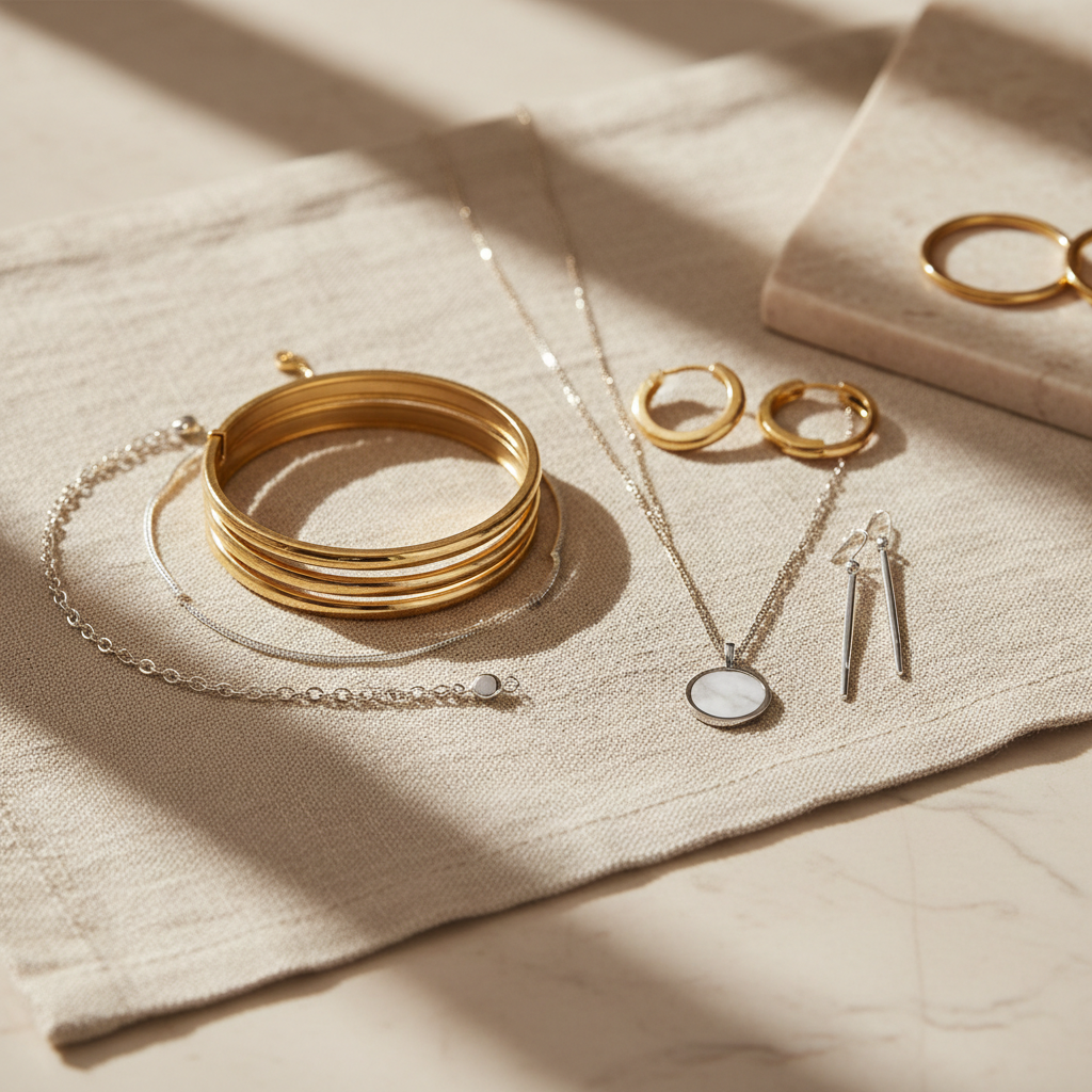 gold and silver jewelry arranged on linen with soft window light shadows