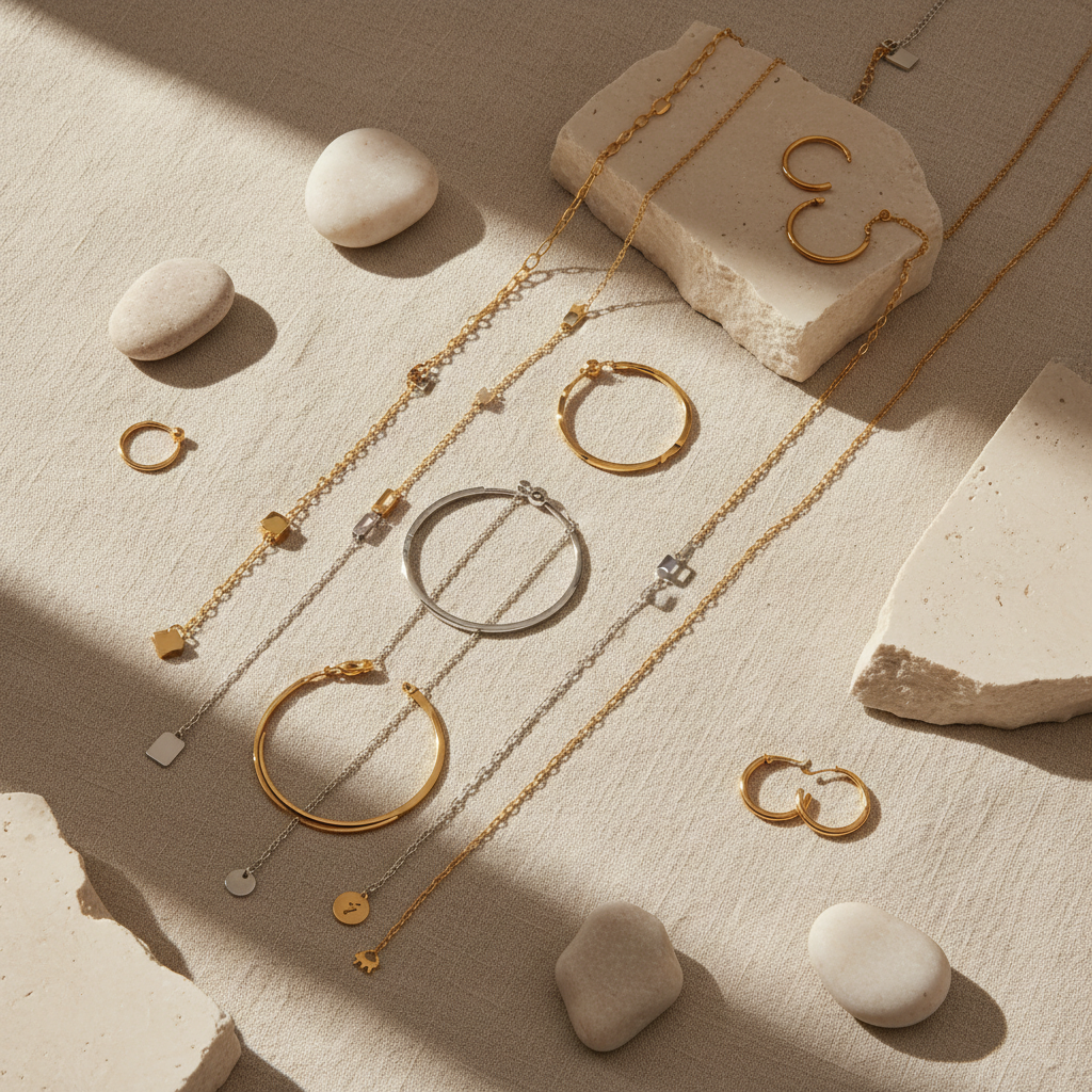 gold and silver jewelry arranged on beige linen with soft window light