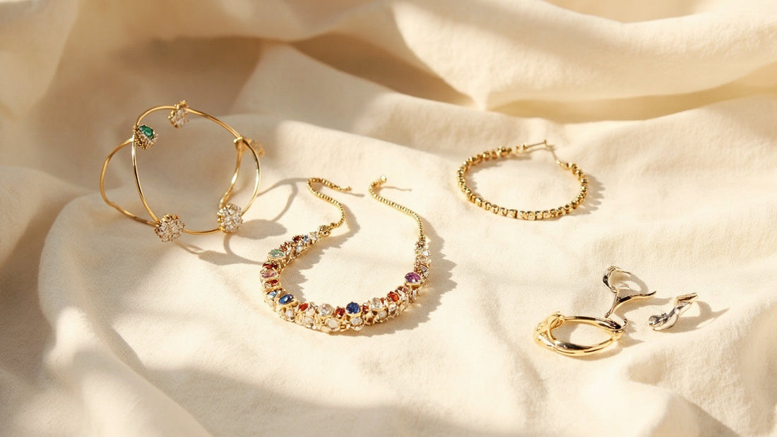 stylish fashion accessories arranged on linen in bright natural light, warm and modern