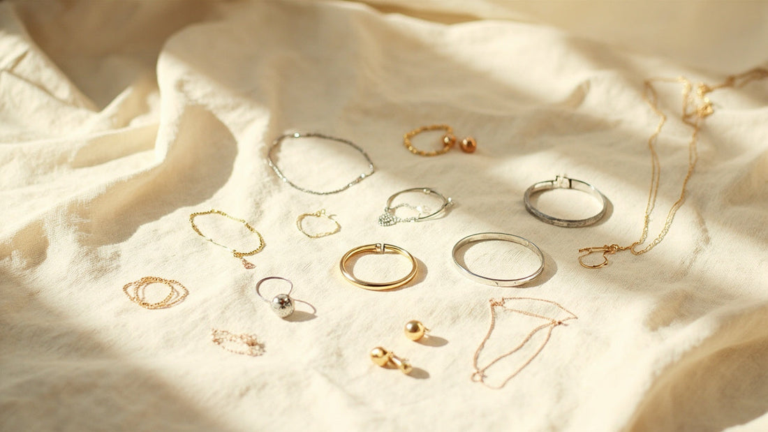 minimalist flat lay of stylish bracelets, earrings, and necklaces on soft linen