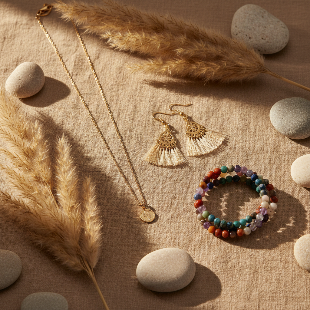 gold necklace, boho earrings, and beaded bracelet on warm linen flat lay