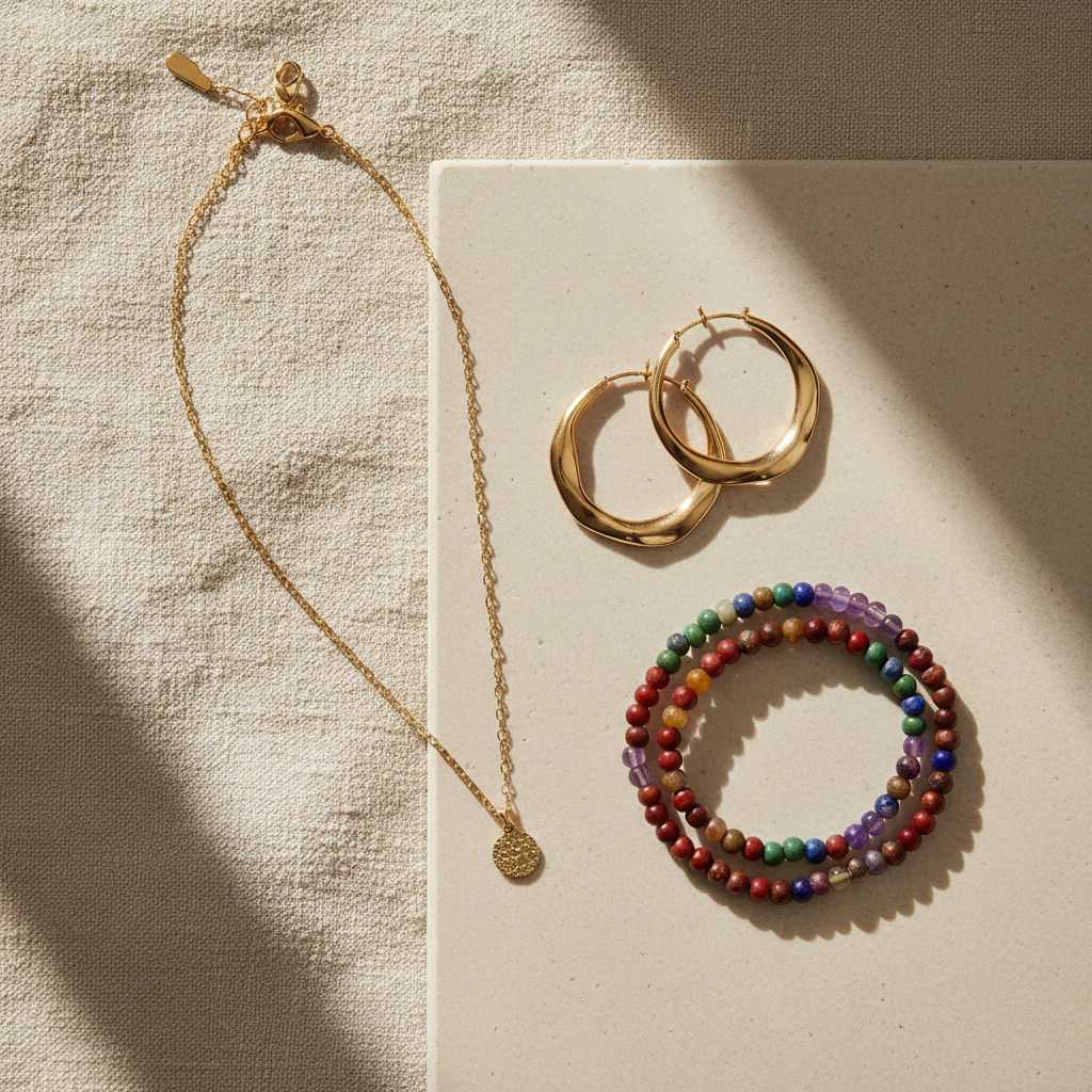 minimal boho jewelry flat lay on linen with soft morning light shadows