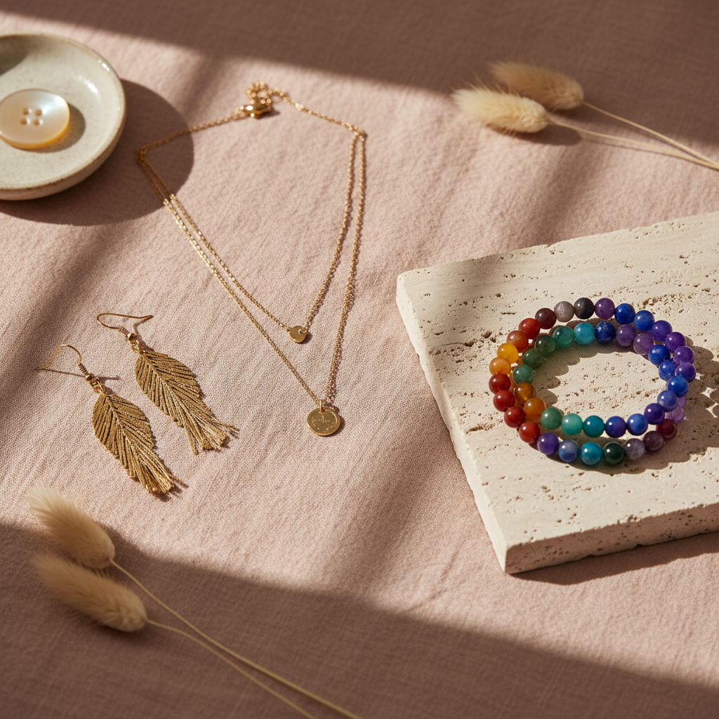 gold necklace, earrings, and chakra bracelet arranged on linen and stone
